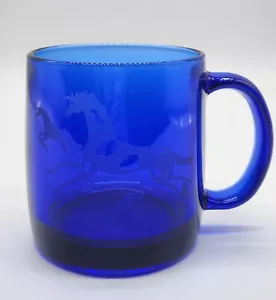 Vintage Cobalt Blue Glass 12oz Coffee Tea Mug Galloping Horse Mountain Sun USA - Picture 1 of 12