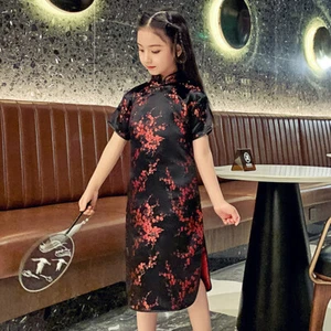 Niños Niñas Chino Encantador Negro Flor de Cerezo Satinado Qipao Cheongsam Vestido - Imagen 1 de 5