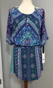 NWT Hale Bob Cold-Shoulder Blouson Bell Sleeve Printed Dress M - Picture 1 of 9