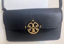 Tory Burch Miller Logo Pebbled Leather Wallet CrossBody Bag In Black