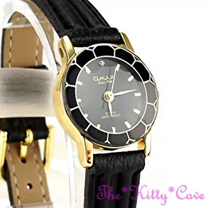 Swiss Omax Slim Seiko Movt Cut Glass Mineral Gld Plt Black Leather Watch 8N8056 - Picture 1 of 12