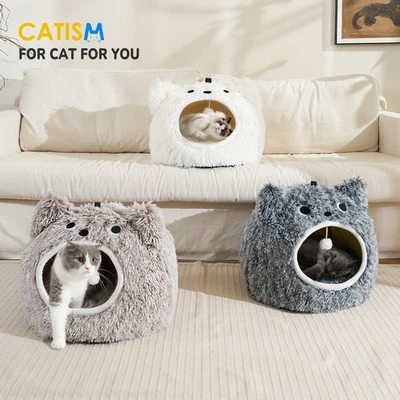 CATISM Cat Bed for Indoor Soft Plush Removable Pillow Non-Slip Base Large Cave - Image 1 of 4