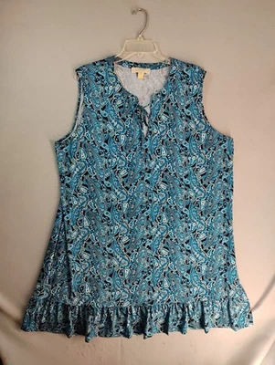 Michael Kors Womens Tunic Top 3X Blue Paisley Sleeveless Keyhole Ruffle Blouse - Image 1 of 4