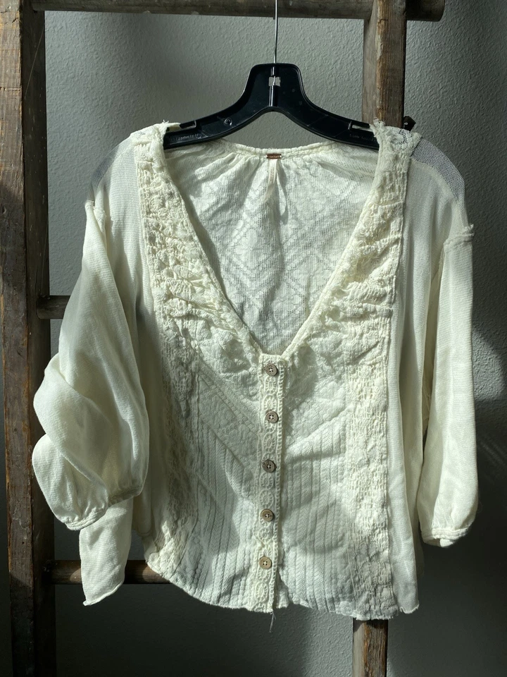 Cárdigan Free People Blusa Abotonada L Encaje Manga 3/4 Camisa Top Talla Lg Foto 1 de 4