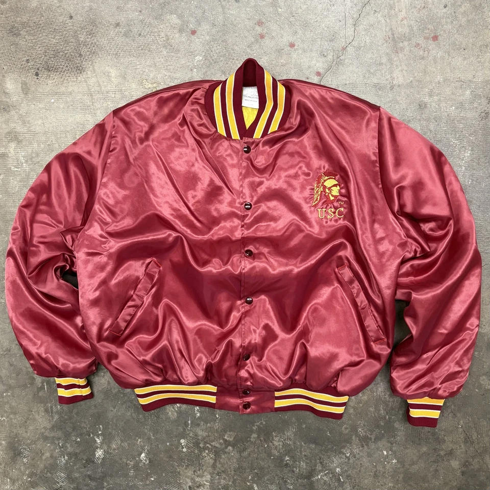 Vintage Rare NCAA USC Trojans Maroon Satin Bomber Jacket Men’s XL MINT Fox Sport - Image 1 of 4