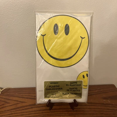 Vintage 80s 90s Smiley Face Table Cover Table Cloth New Sealed Party 54” x 84” - Image 1 of 4