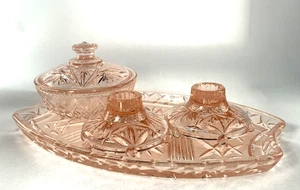 Vintage Lachs Glas Waschtisch Tablett - Kerzenhalter & Deckelschale Set - Bild 1 von 12