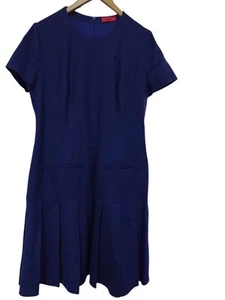 Navy Blue Hugo Boss Wool Dress Waist Pleated Zipped Back Office Smart Size 14 - Picture 1 of 10