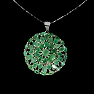 Unheated Round Emerald 4x3mm 14K White Gold Plate 925 Sterling Silver Necklace - Picture 1 of 13
