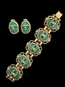 Vintage 60's Judy Lee Spanish Moss Bracelet & Earrings Gold Tone Green Chunky - Picture 1 of 4