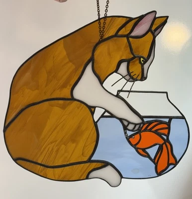 1970s Stained Glass Cat Window Panel Hanging Art Fishbowl Gold Fish 10”x10” - Image 1 of 4