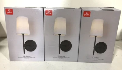 LOT OF 3 Globe Clarissa 1-Light Matte Black Wall Sconce White Fabric Shade - Image 1 of 3