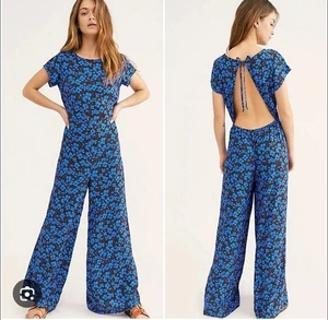 Free People Hallie Blue Black Floral Jumpsuit size XS Open Back Short Sleeve - Picture 1 of 10