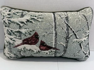 Tapestry Pillow Christmas w/ 2 Red Cardinal Birds Holiday - 12" x 7” - Picture 1 of 5