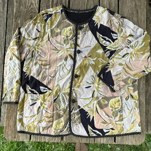 Vintage Koos of Course Reversible Silk Jacket Tropical Print & Black Women's 2x - Picture 1 of 9