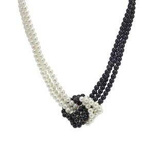 Black and white pearl multi strand necklace with knot in front, glass beads New 