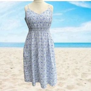 Vestido Marks & Spencer Azul Blanco Floral Costero Cottagecore Sol Midi Talla 14 - Imagen 1 de 2