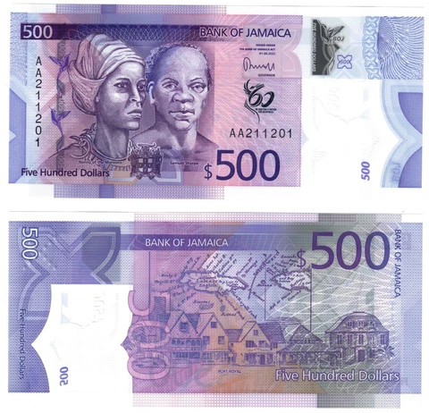 2023 Jamaica 500 Dollars Banknote New Polymer UNC P98 Prefix AA Cover