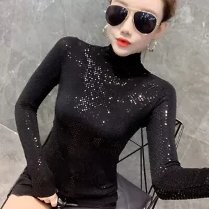 T-shirt clubwear party fit donna felpa paillettes lucida collo tartaruga manica lunga - Foto 1 di 10