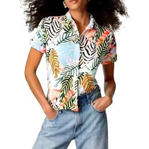 TAHARI Linen Women Sz L Fit XL Button Up Shirt Cap Sleeve Multi Palm Leaves - Picture 1 of 9