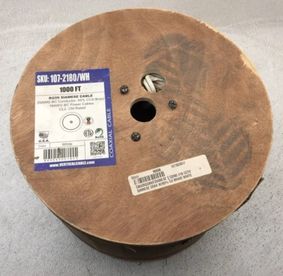 CABLE VERTICAL 107-2180/WH 1000 FT RG59 CABLE COAXIAL TRENZADO SIAMÉS BLANCO Foto 1 de 4