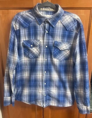 Ditch Plains Mens Western Pearl Snap Long Sleeve Blue Plaid Cotton Shirt Size XL - Image 1 of 4