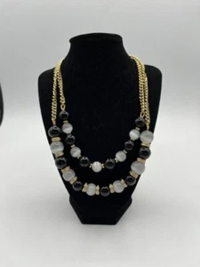 TALBOTS CHUNKY Double Strand Beaded Necklace - Gray Cats Eye, Black and Crystal - Picture 1 of 4
