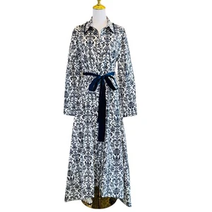 NWT Trish Scully Constance Maxi Dress Navy Damask Sz 14 Jewel Collar Long Sleeve - Picture 1 of 16