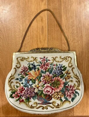 N.B.M AUSTRIA PETITE POINT VINTAGE ANTIQUE FLORAL BRASS EVENING BAG MINT! - Image 1 of 4