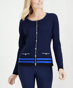 Karen Scott Women's Intrpd Blu Crew Neck Cardigan Contrast Trim Top Size PM - Picture 1 of 2