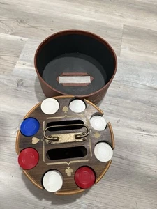 Vintage Poker Chip Set Rotating Wooden Carousel Caddy W/ Handle Chips Card Slot - Picture 1 of 9