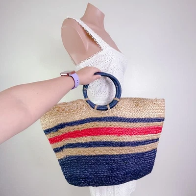 Bolso de Mano Grande Magid Tejido Yute Verano Playa Vacaciones Azul Tostado Nuevo con Etiquetas Foto 1 de 4