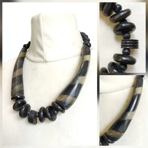 Vintage Chunky Ethnic Tribal Black Horn Bone , Wood Beads Statement Necklace - Picture 1 of 11