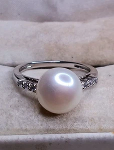 Vintage Ring Sterlingsilber 925 Perle & CZ Größe 7,25  - Bild 1 von 12