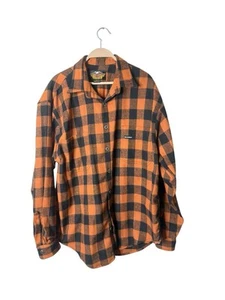 Harley Davidson Shirt Mens Large Orange Black Plaid Flannel Long Sleeve Snap - Picture 1 of 4