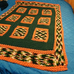 Afghan Blanket Crochet Throw Fall Colors Grannycore Decor Green Orange - Picture 1 of 9
