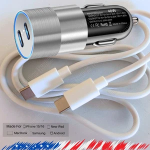 40W Type C Car Charger For iPhone 15 16 Pro 16e  Adapter PD USB C To USB C Cable - Picture 1 of 17