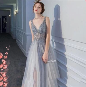 Women's Pretty Sequin Beaded Deep V Slit Flared Evening Dress Cocktail Prom - Picture 1 of 19