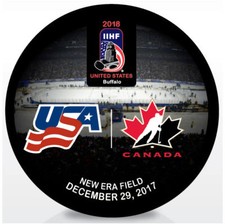 2018 World Juniors Championship IIHF Hockey Puck - USA vs Canada 12/29/2017