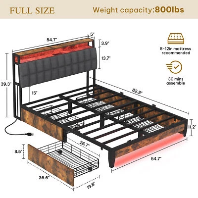 Full/King/Queen Size Bed Frame Upholstered Platform w/ LED Lights and 4 Drawers - Image 1 of 4