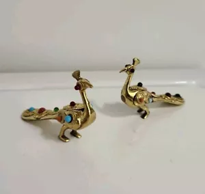 Vtg Pair Brass Peacock Encrusted Stone Art Deco Figurines Multicolored Stones - Picture 1 of 6