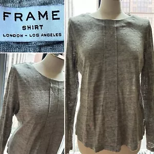 100% Linen Designer FRAME Grey Round Neck Long Sleeve Pullover Top Size Large - Picture 1 of 10