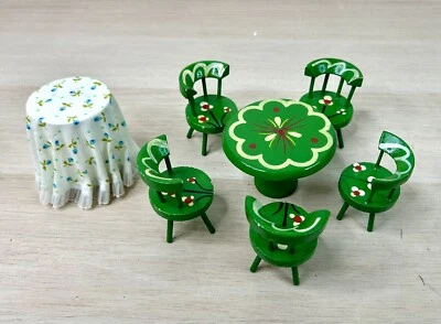 Mesa e 5 cadeiras vintage de madeira para casa de bonecas, 1 mesa de pano de crisnbono - Imagem 1 de 4