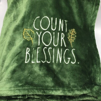 Rae Dunn COUNT YOUR BLESSINGS Micro Fleece Throw Blanket Green Fall Leaves Decor - Image 1 of 4