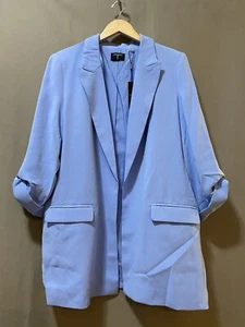 NWT TAHARI Women Notch Lapel 3/4 Roll Tab Sleeve Open Front Blazer Size XL Blue - Picture 1 of 15