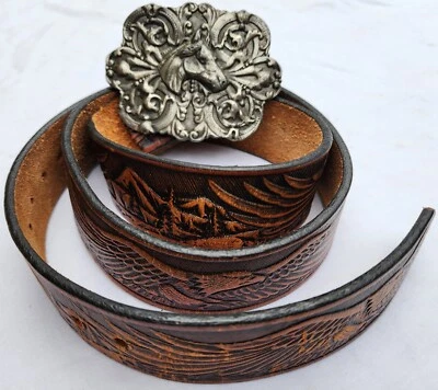 Cinturón de caballo ecuestre Bergamot Brass Works 1974 hebilla 42" cinturón de águila y montaña Foto 1 de 4