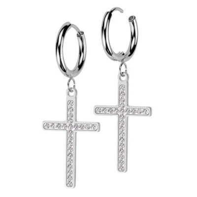Kreuz Creolen Edelstahl Zirkonia Kreolen Klappcreolen Huggie Ohrringe Ohrhänger - Bild 1 von 4