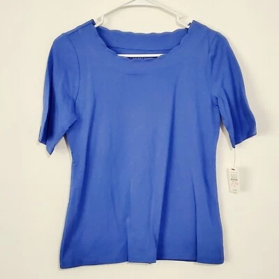 Talbots Women’s Size P Petite Top Pima Cotton Scalloped Neck Blouse Blue - Image 1 of 4