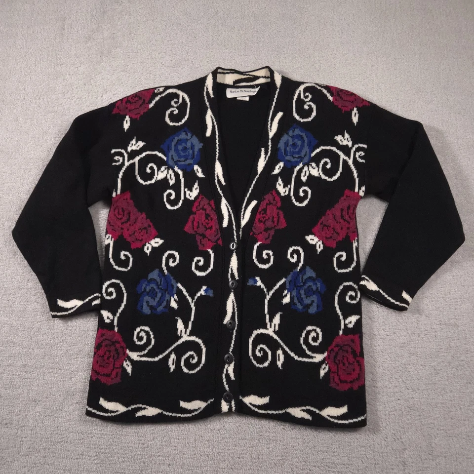 Vintage Norton McNaughton Sweater Womens Medium Black Cardigan Floral USA 90s Foto 1 de 4