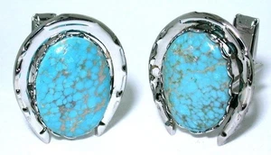 Vintage Blue Horse Shoe Natural Spiderweb Turquoise Oval Cab Cufflink ES7614OTH - Picture 1 of 3
